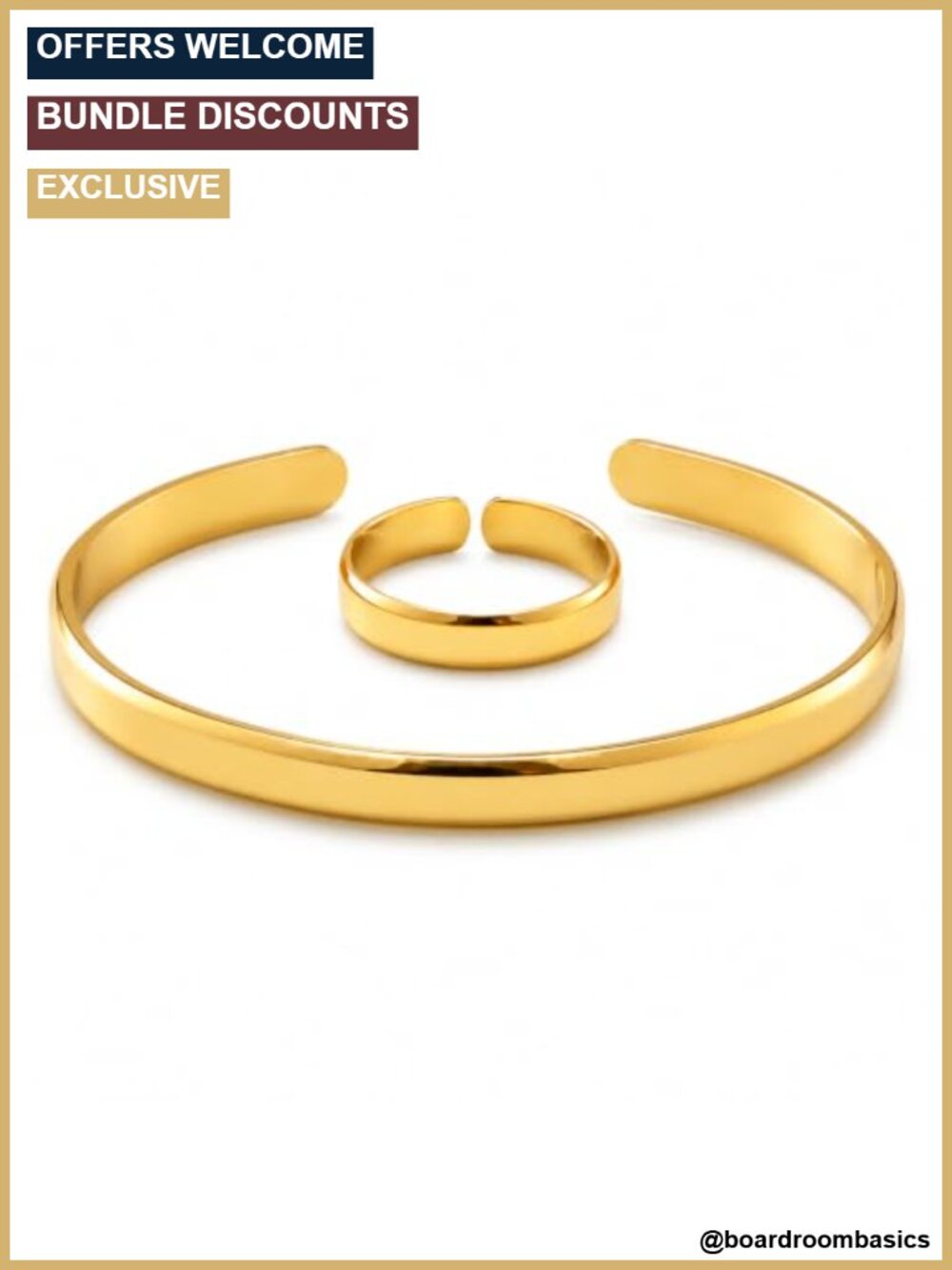 Waterproof 18K Gold Cuff Bracelet Ring Set Stainless Steel Adjustable